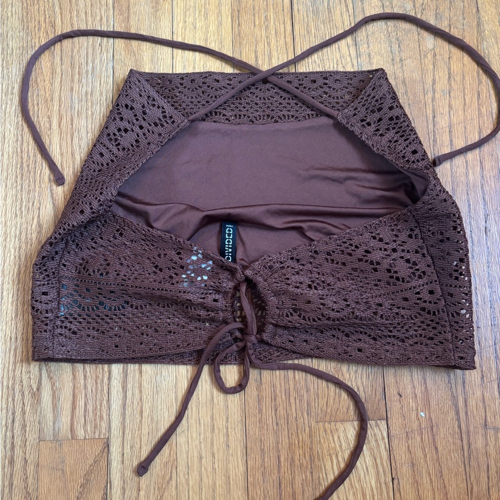 H&M Brown Lace-Up Crochet Halter Top